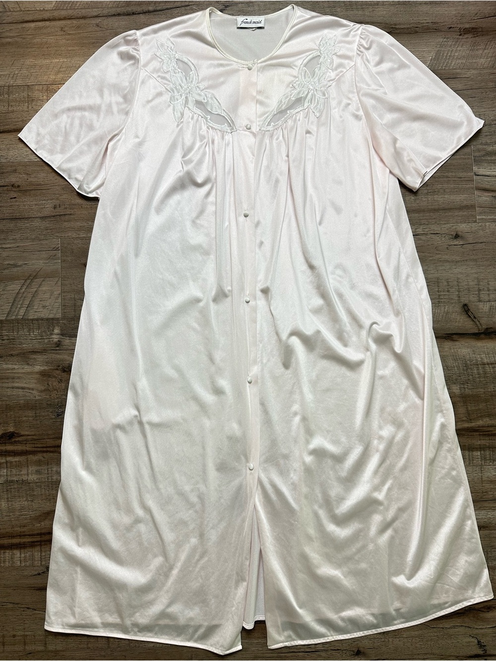 Vtg French Maid Coquette Pink Nylon Nightgown Lace Duster Dress Grandma Large